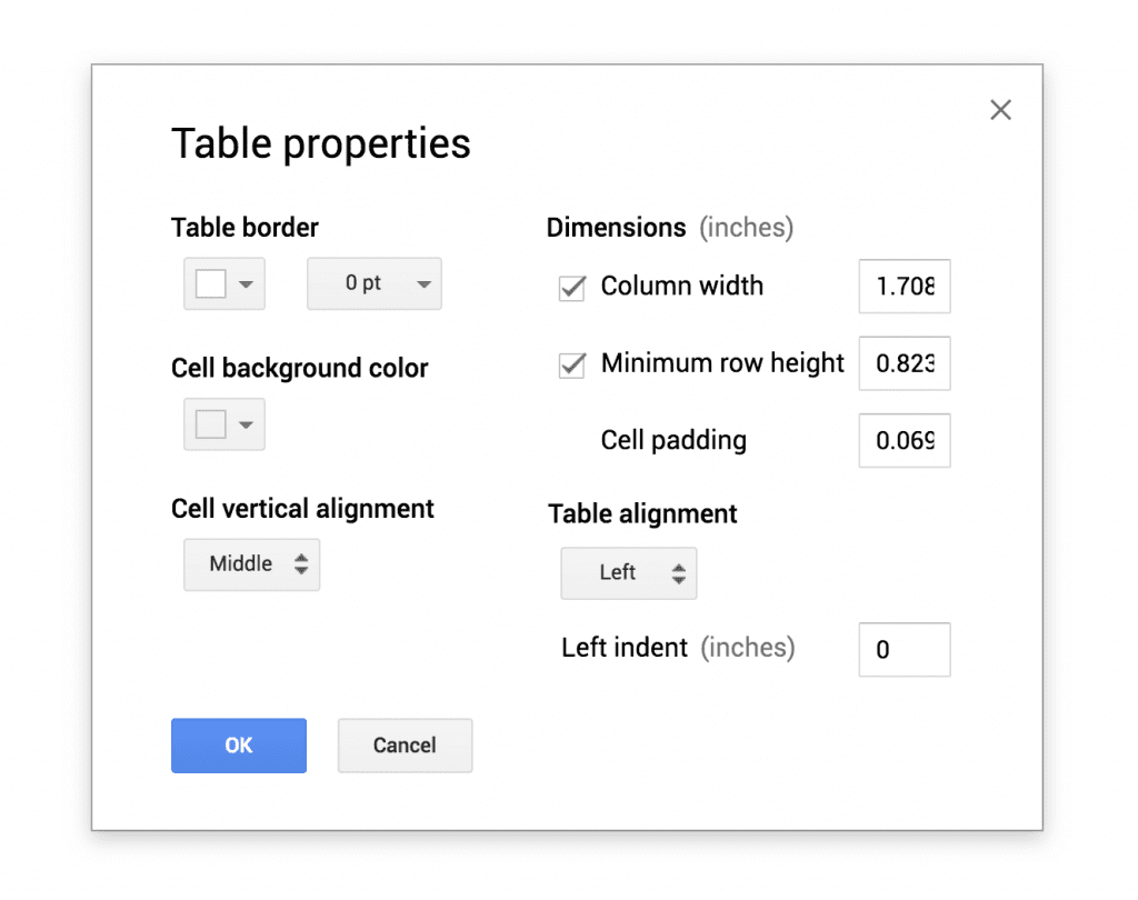 Table Properties for Adding Email Signature